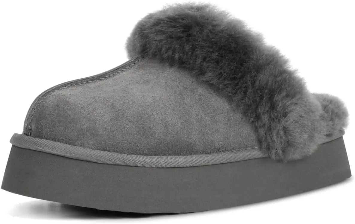 OOW Fuzzy Platform Slippers for Women - Women's Casual Winter House Slippers - Brown, Faux Fur & Shearling Blend - Women's Size