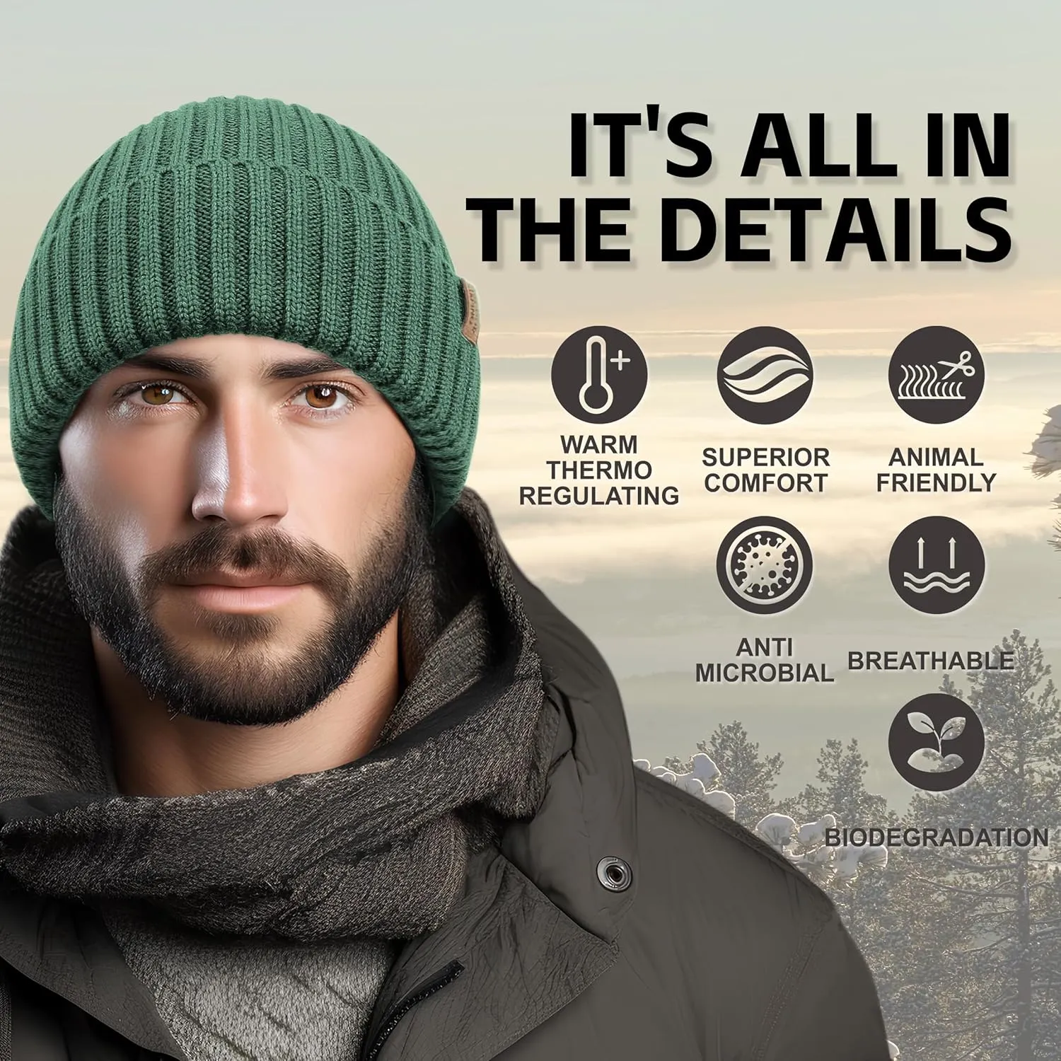 OUTDOOR SHAPING Merino Wool Beanie for Men & Women, Unisex Daily Cuffed Plain Knit Hat, Soft Warm Winter Hat