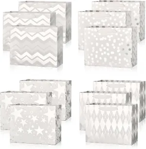 PAPER FAIR 12Pcs Metallic Silver Christmas Gift Bags Bulk, Middle 9x7 Inch, Mixed Pattern Star, Polka Dots, Stripes Blending Paper Bags, For Holiday Birthday Wedding Gift Packaging Decor