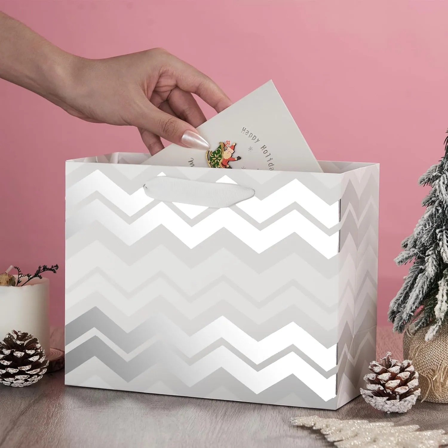 PAPER FAIR 12Pcs Metallic Silver Christmas Gift Bags Bulk, Middle 9x7 Inch, Mixed Pattern Star, Polka Dots, Stripes Blending Paper Bags, For Holiday Birthday Wedding Gift Packaging Decor