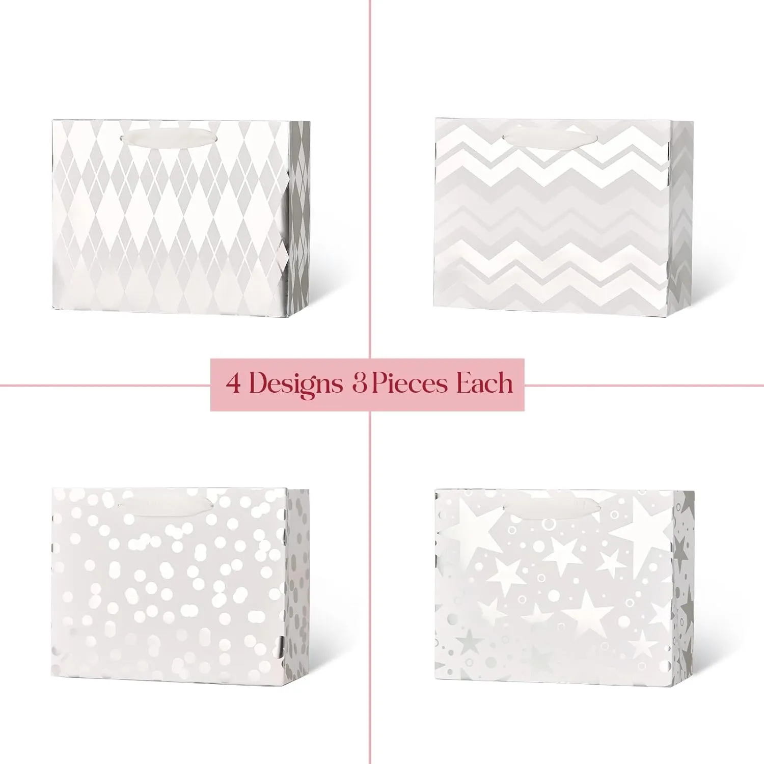 PAPER FAIR 12Pcs Metallic Silver Christmas Gift Bags Bulk, Middle 9x7 Inch, Mixed Pattern Star, Polka Dots, Stripes Blending Paper Bags, For Holiday Birthday Wedding Gift Packaging Decor