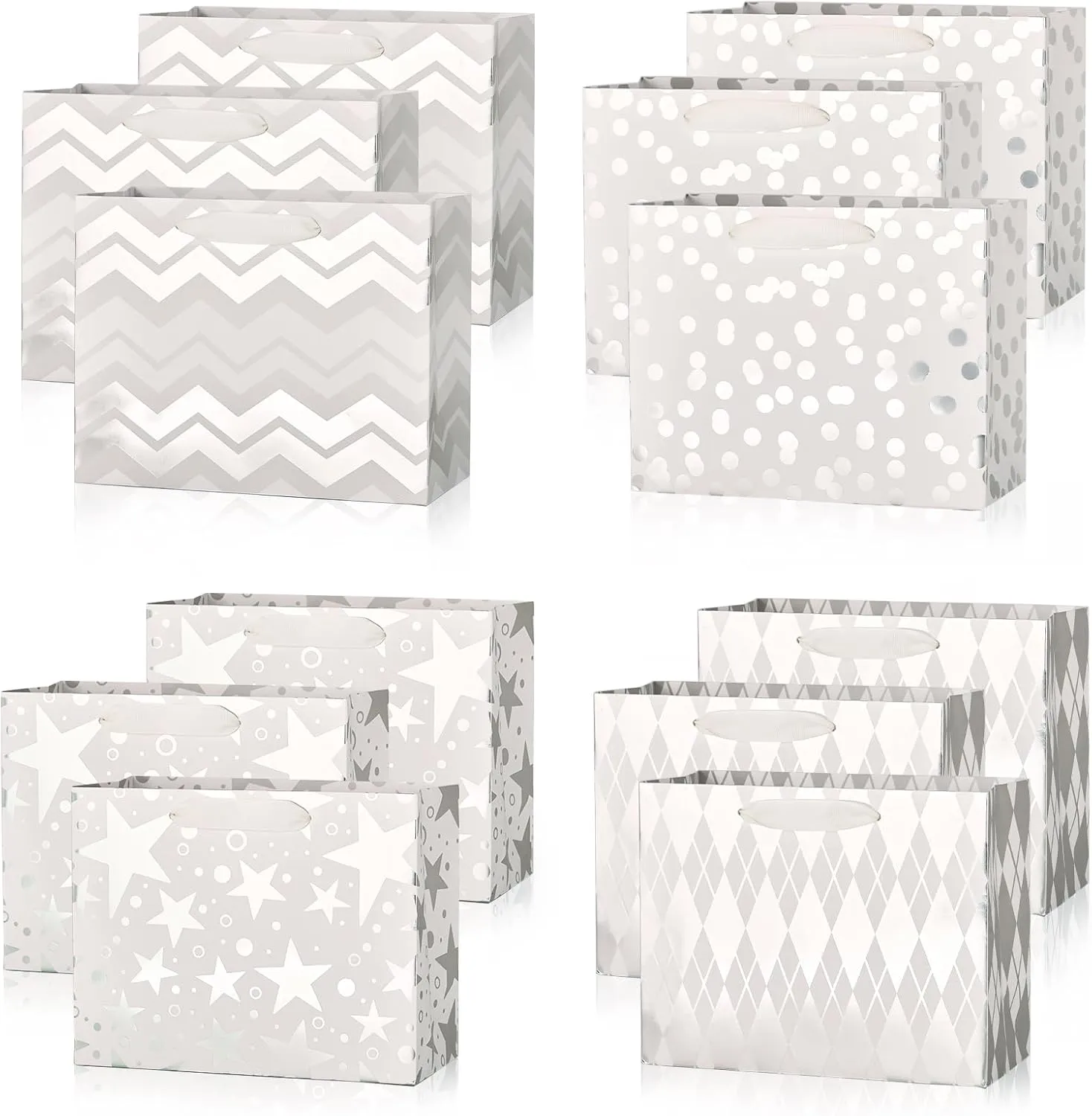 PAPER FAIR 12Pcs Metallic Silver Christmas Gift Bags Bulk, Middle 9x7 Inch, Mixed Pattern Star, Polka Dots, Stripes Blending Paper Bags, For Holiday Birthday Wedding Gift Packaging Decor