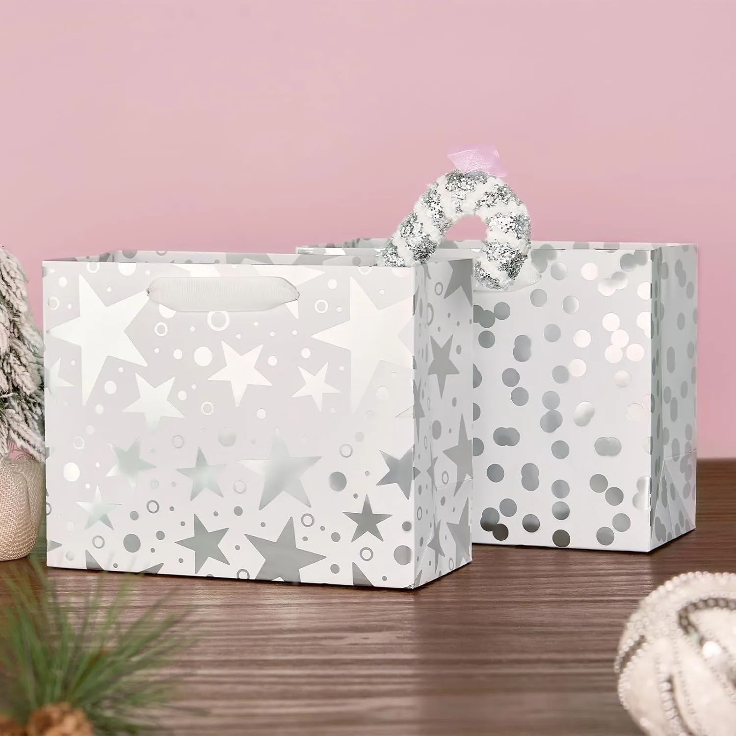 PAPER FAIR 12Pcs Metallic Silver Christmas Gift Bags Bulk, Middle 9x7 Inch, Mixed Pattern Star, Polka Dots, Stripes Blending Paper Bags, For Holiday Birthday Wedding Gift Packaging Decor