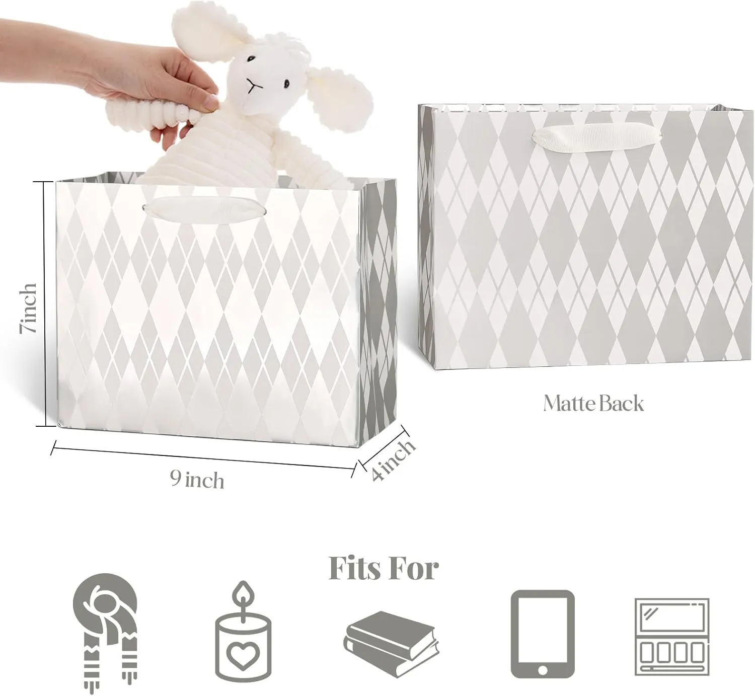 PAPER FAIR 12Pcs Metallic Silver Christmas Gift Bags Bulk, Middle 9x7 Inch, Mixed Pattern Star, Polka Dots, Stripes Blending Paper Bags, For Holiday Birthday Wedding Gift Packaging Decor
