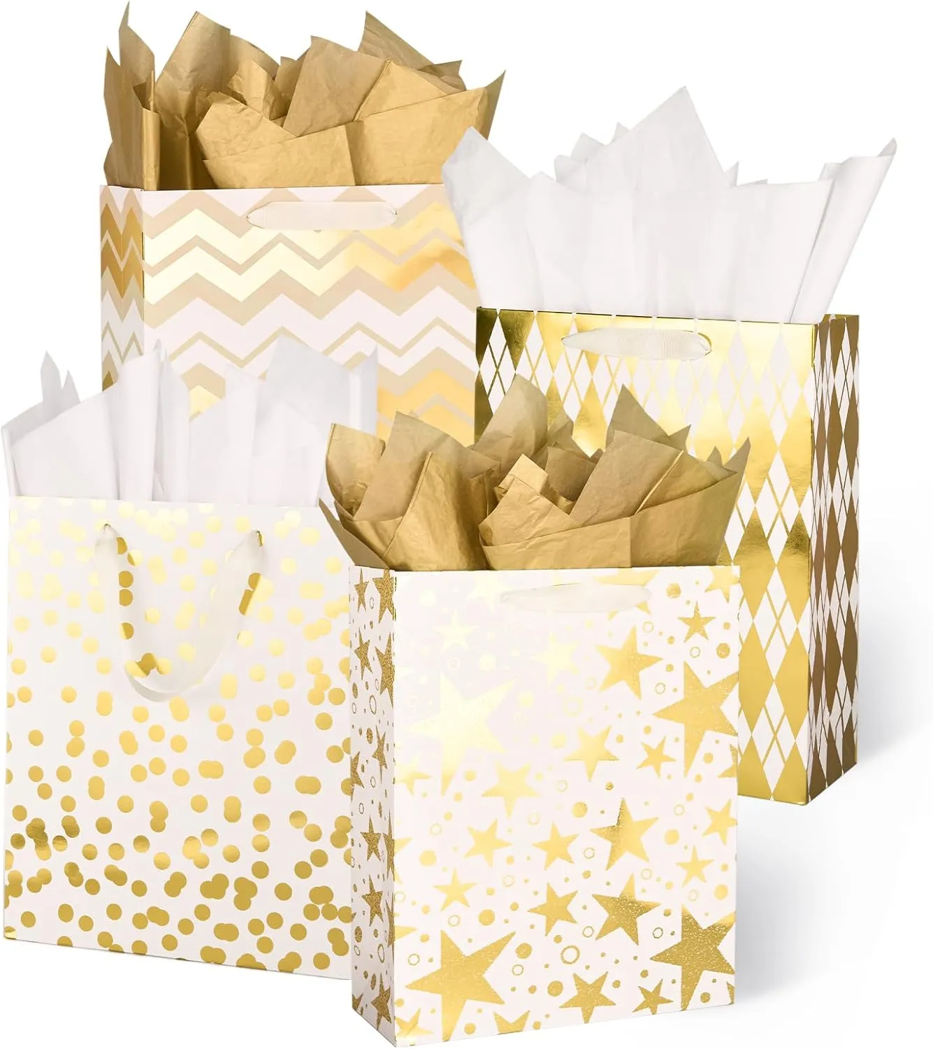PAPER FAIR Metallic Gold Foil Gift Bags Bulk with White Tissue, 12 Pcs with 4 Unique Patterns: Stars, Polka Dots, Diamonds & Stripes, Large Size 12.5X10X4 inch, Ideal for Christmas Birthday Gift Wrap