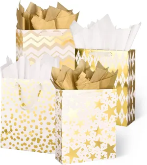 PAPER FAIR Metallic Gold Foil Gift Bags Bulk with White Tissue, 12 Pcs with 4 Unique Patterns: Stars, Polka Dots, Diamonds & Stripes, Large Size 12.5X10X4 inch, Ideal for Christmas Birthday Gift Wrap