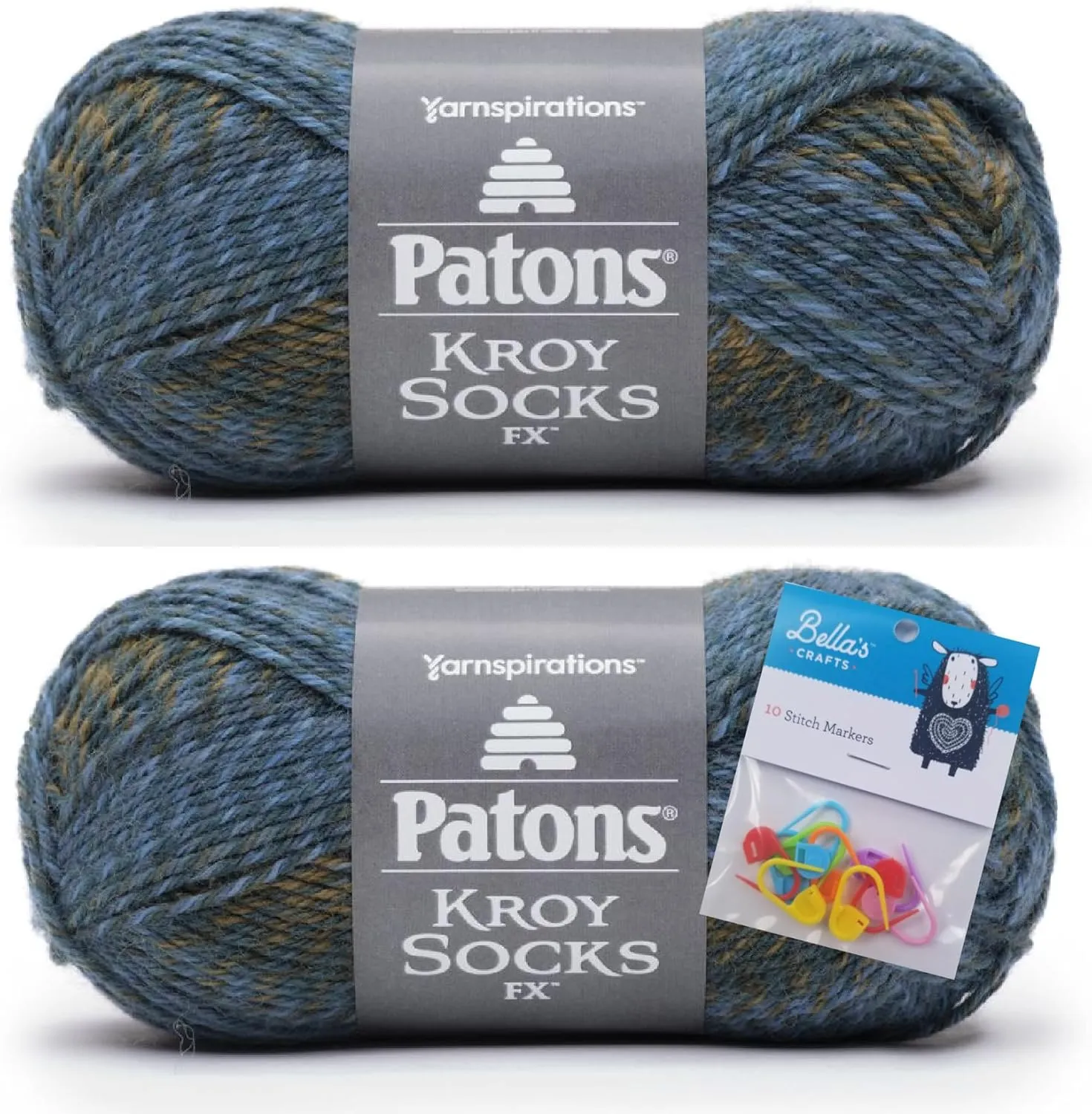 Patons Kroy Socks FX Yarn 2-Pack Bundle with Bella's Crafts Stitch Markers (Deep Sea Colors)