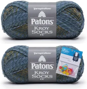 Patons Kroy Socks FX Yarn 2-Pack Bundle with Bella's Crafts Stitch Markers (Deep Sea Colors)
