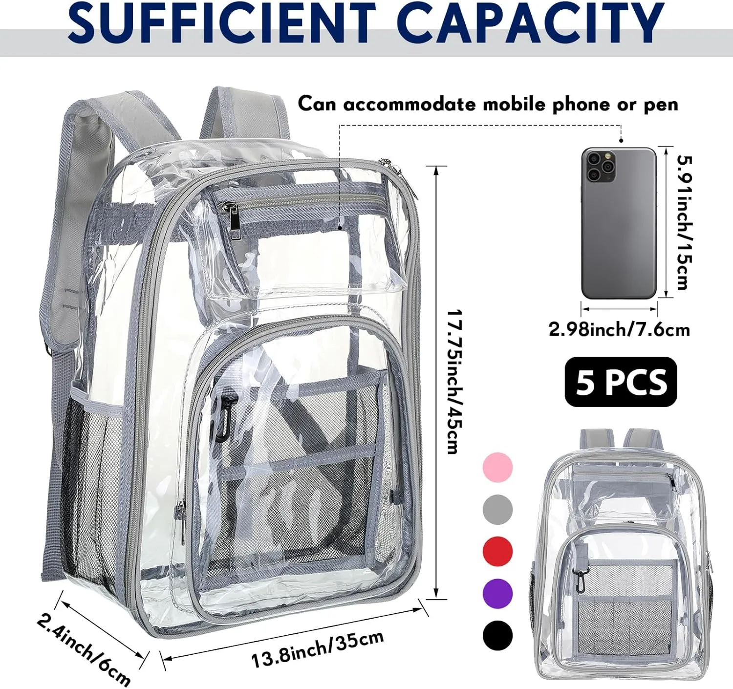 PerKoop 5 Pack Clear Backpack Bulk for Students Heavy Duty PVC Transparent School Bag See Through Bag for Women Men Kids (Multicolor)