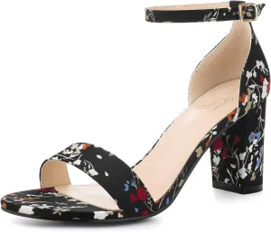 Perphy Floral Printed Open Toe Ankle Strap Chunky Heel Sandals for Women