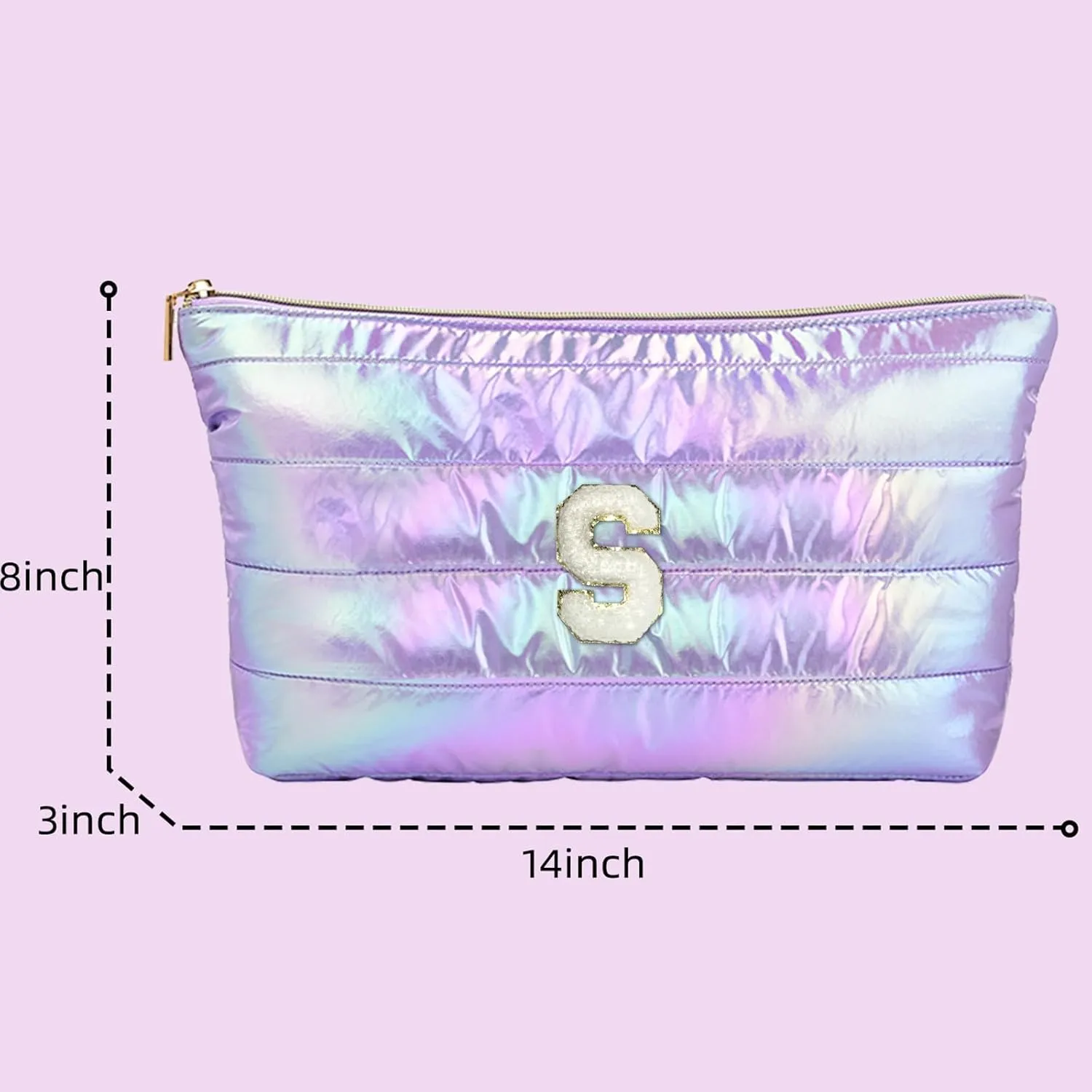 Personalized Initial Quilted Makeup Bag, Large Cute Cosmetic Bag, Cotton Iridescent Travel Toiletry Organizer Bags, Gifts for Girl Girlfriend Teen Girls Gift Trendy Stuff (B, purple)