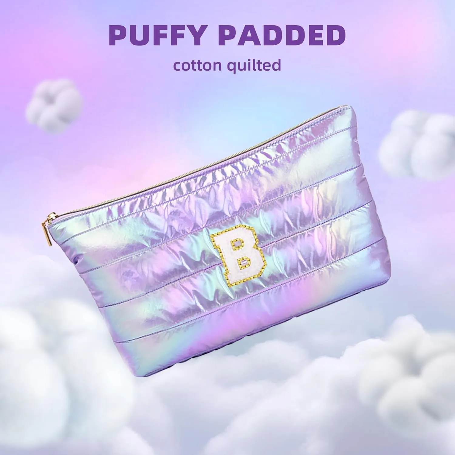Personalized Initial Quilted Makeup Bag, Large Cute Cosmetic Bag, Cotton Iridescent Travel Toiletry Organizer Bags, Gifts for Girl Girlfriend Teen Girls Gift Trendy Stuff (B, purple)