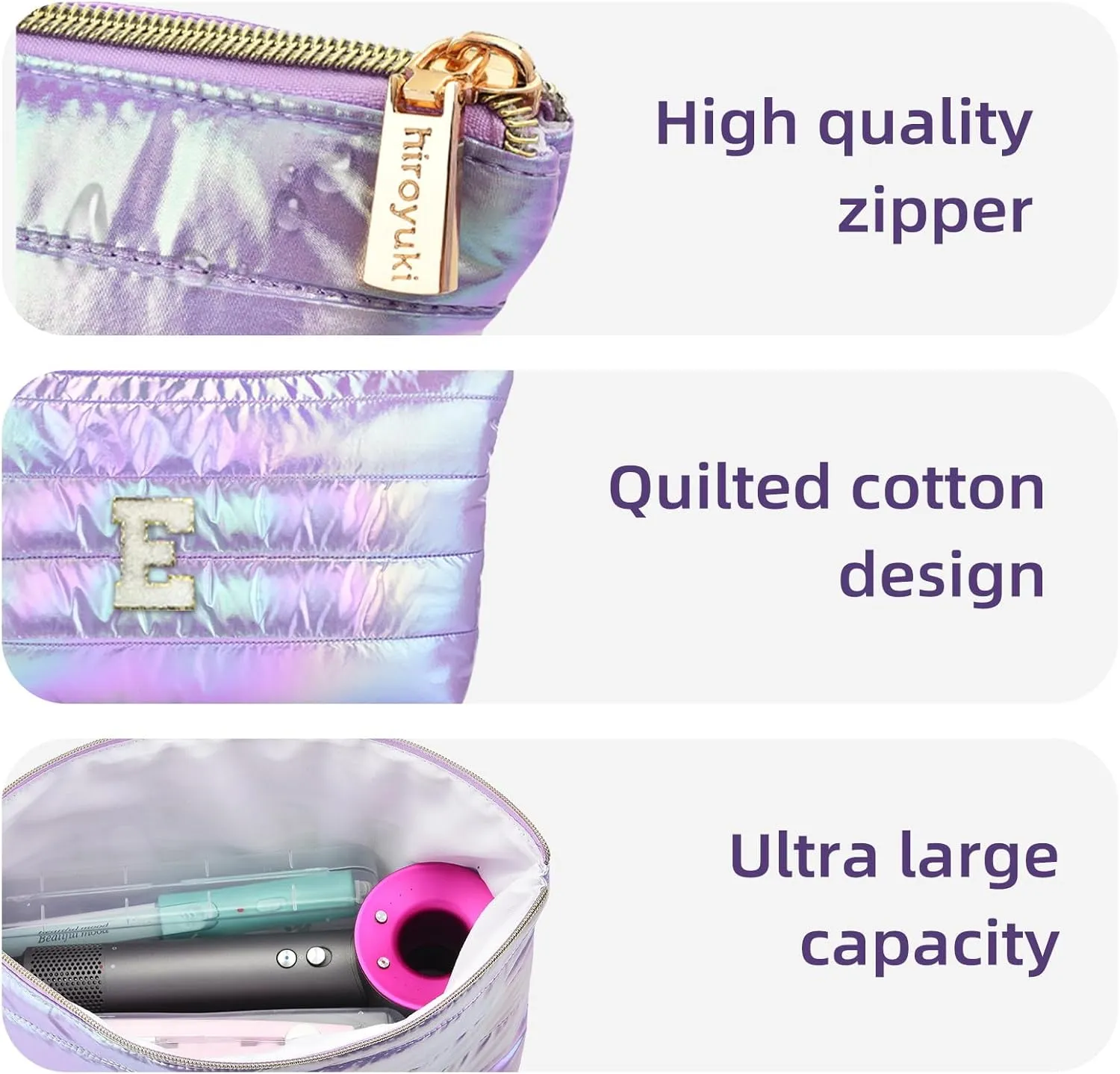 Personalized Initial Quilted Makeup Bag, Large Cute Cosmetic Bag, Cotton Iridescent Travel Toiletry Organizer Bags, Gifts for Girl Girlfriend Teen Girls Gift Trendy Stuff (B, purple)