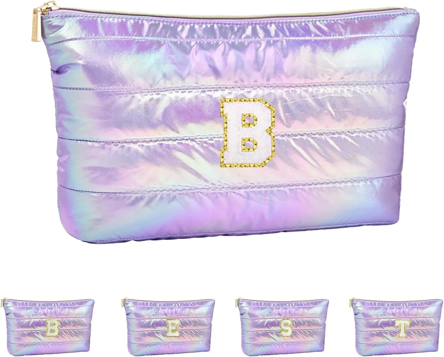 Personalized Initial Quilted Makeup Bag, Large Cute Cosmetic Bag, Cotton Iridescent Travel Toiletry Organizer Bags, Gifts for Girl Girlfriend Teen Girls Gift Trendy Stuff (B, purple)