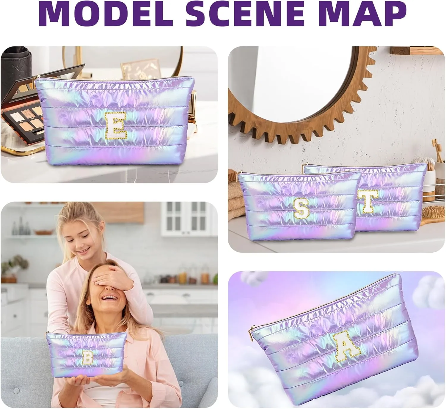 Personalized Initial Quilted Makeup Bag, Large Cute Cosmetic Bag, Cotton Iridescent Travel Toiletry Organizer Bags, Gifts for Girl Girlfriend Teen Girls Gift Trendy Stuff (B, purple)