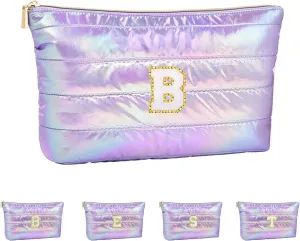 Personalized Initial Quilted Makeup Bag, Large Cute Cosmetic Bag, Cotton Iridescent Travel Toiletry Organizer Bags, Gifts for Girl Girlfriend Teen Girls Gift Trendy Stuff (B, purple)