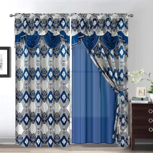 Petrichor Elegance Curtains with Gold Silver Threads 2 Panels Set - Luxury Window Treatment Attached Valance, Sheer Backing, and 2 Tie Backs for Bedroom and Living Room, 54x63 inches, Navy