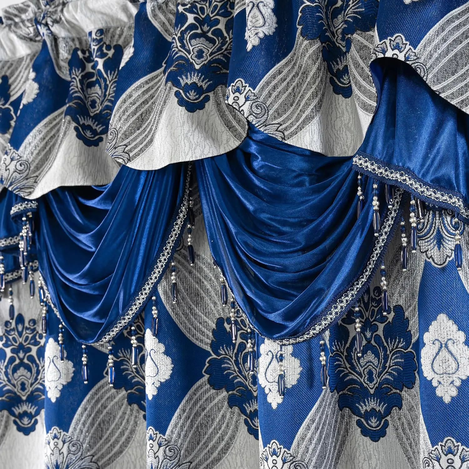 Petrichor Elegance Curtains with Gold Silver Threads 2 Panels Set - Luxury Window Treatment Attached Valance, Sheer Backing, and 2 Tie Backs for Bedroom and Living Room, 54x63 inches, Navy