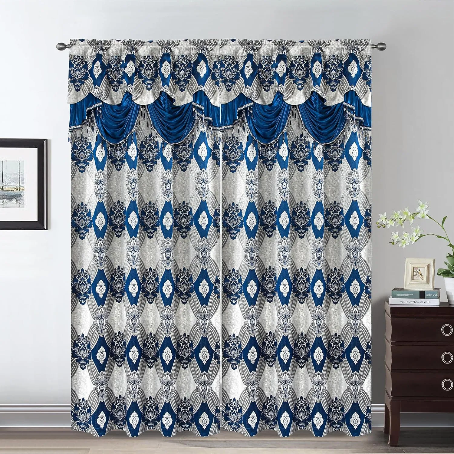 Petrichor Elegance Curtains with Gold Silver Threads 2 Panels Set - Luxury Window Treatment Attached Valance, Sheer Backing, and 2 Tie Backs for Bedroom and Living Room, 54x63 inches, Navy