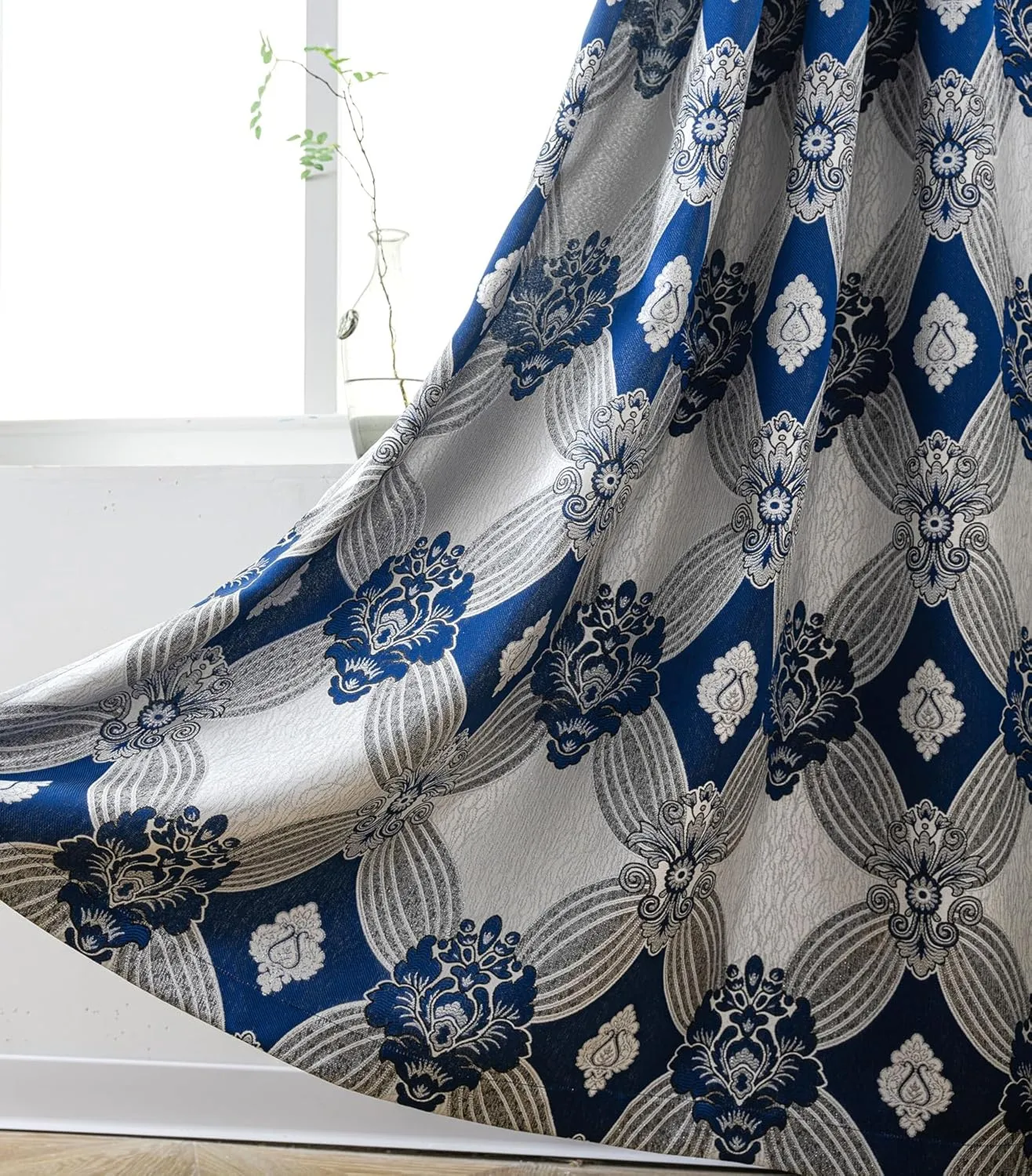 Petrichor Elegance Curtains with Gold Silver Threads 2 Panels Set - Luxury Window Treatment Attached Valance, Sheer Backing, and 2 Tie Backs for Bedroom and Living Room, 54x63 inches, Navy