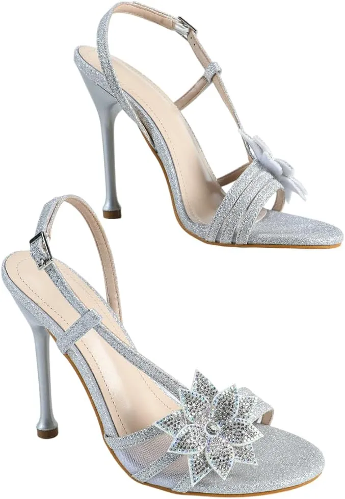 Pink High Heel Sandals for Women, Women's Satin Rhinestone Flower Heels with Ankle Strap, Elegant Dressy Shoes for Weddings, Parties & Evening Events (US 6-10.5)