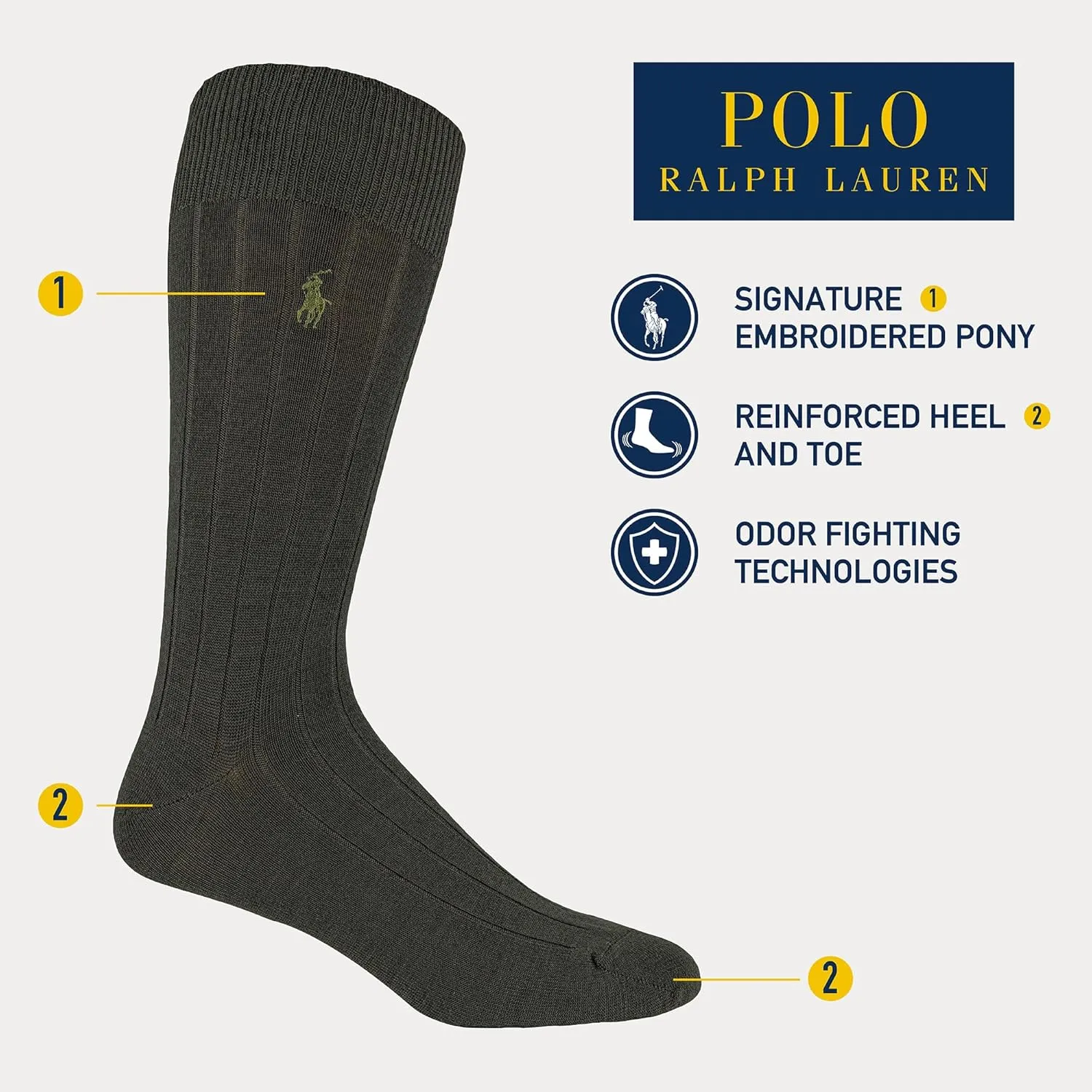 POLO RALPH LAUREN Merino Wool Dress Crew Socks - 3 Pair Pack - Breathable Wool & Heel-toe Reinforcement