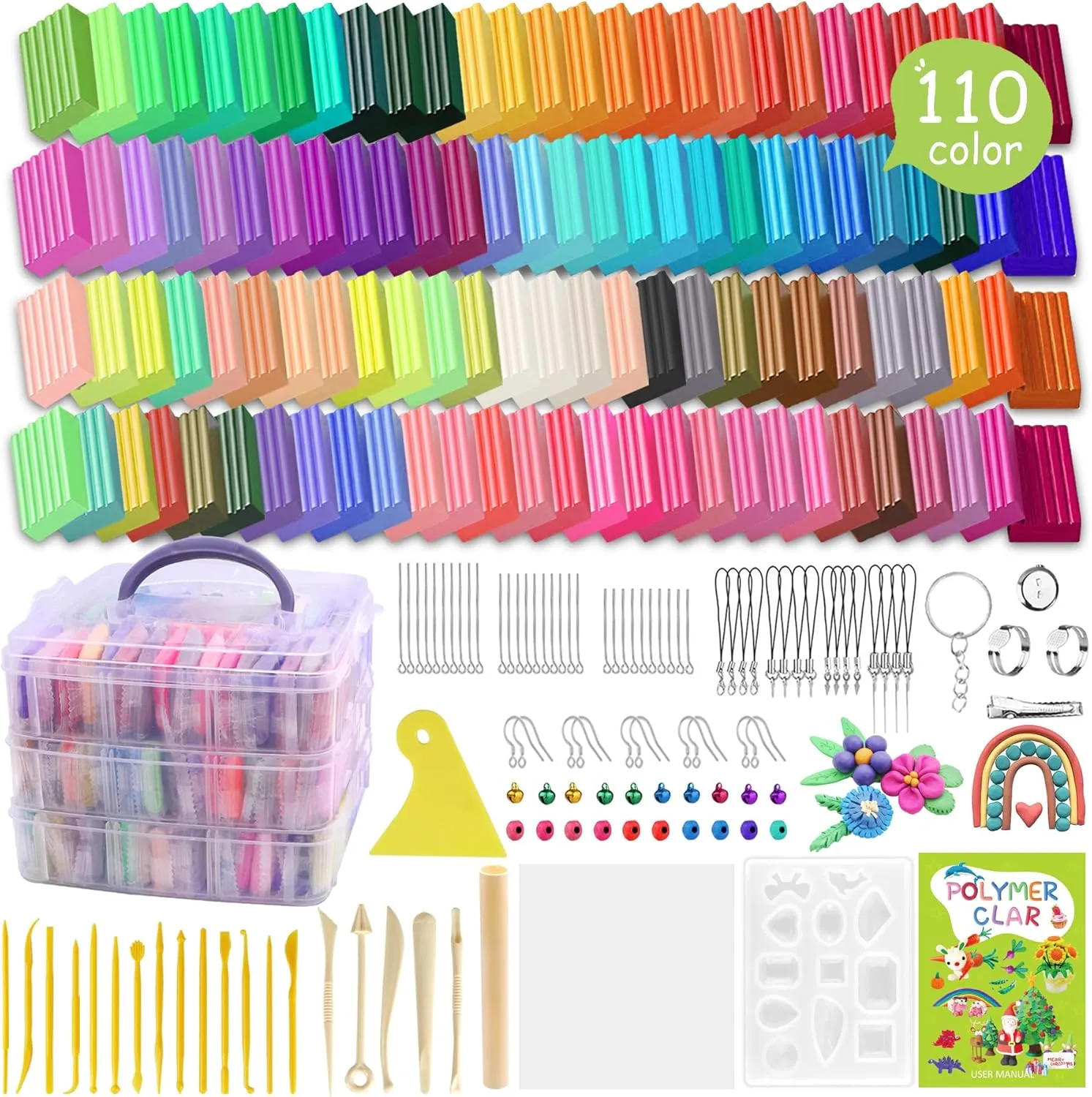 Polymer Clay 110 Colors Non-Sticky Oven Bake Clay 215 Pcs Non-Toxic Modeling Baking Clay for Kids with Sculpting Tools Kit for Adults Beginners Art Craft