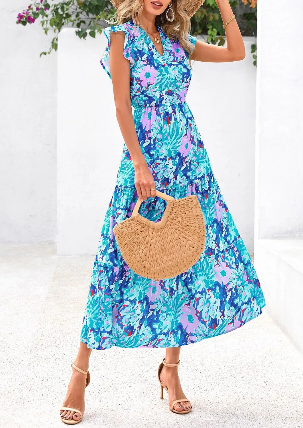 PRETTYGARDEN Women's 2025 Summer Floral Midi Dress Cap Sleeve V Neck Ruffle Long Flowy Boho Casual Beach Vacation Dresses