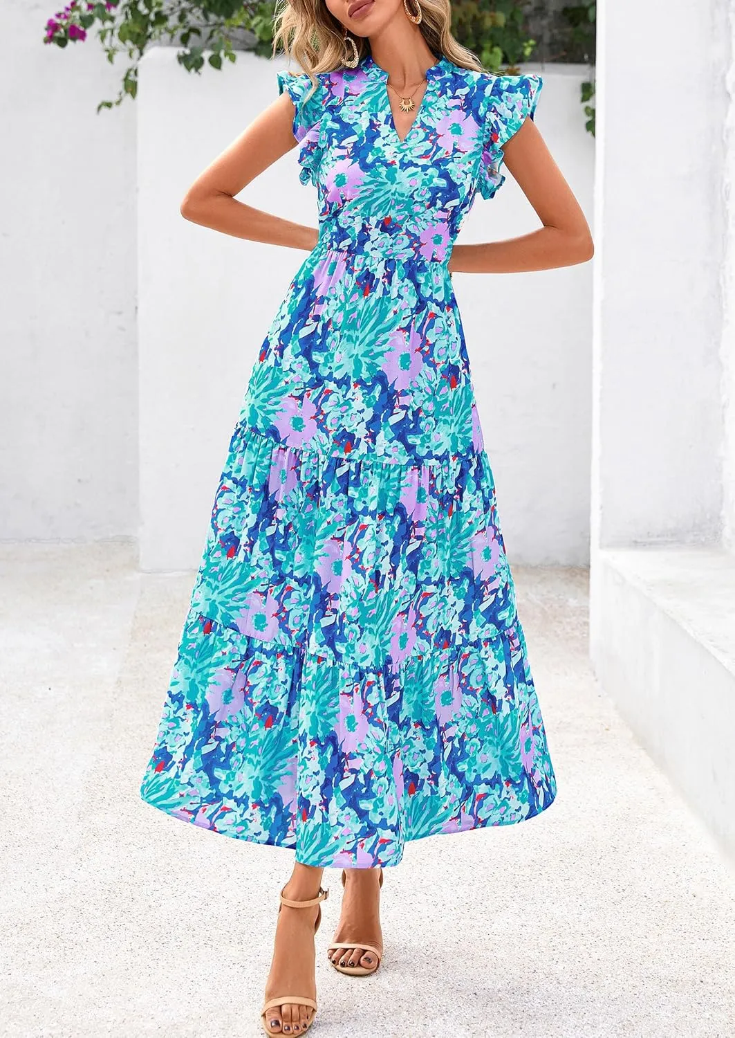 PRETTYGARDEN Women's 2025 Summer Floral Midi Dress Cap Sleeve V Neck Ruffle Long Flowy Boho Casual Beach Vacation Dresses