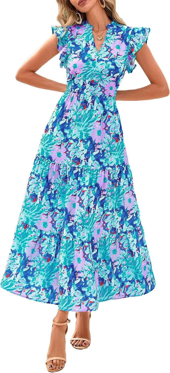 PRETTYGARDEN Women's 2025 Summer Floral Midi Dress Cap Sleeve V Neck Ruffle Long Flowy Boho Casual Beach Vacation Dresses