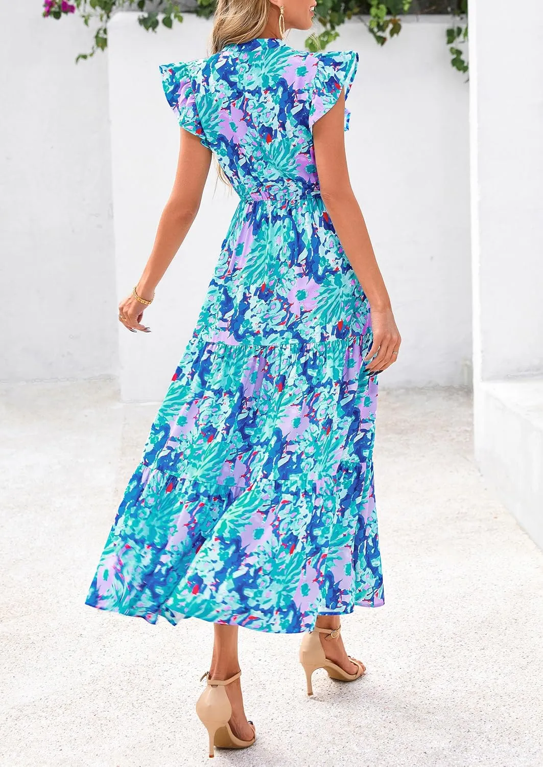 PRETTYGARDEN Women's 2025 Summer Floral Midi Dress Cap Sleeve V Neck Ruffle Long Flowy Boho Casual Beach Vacation Dresses