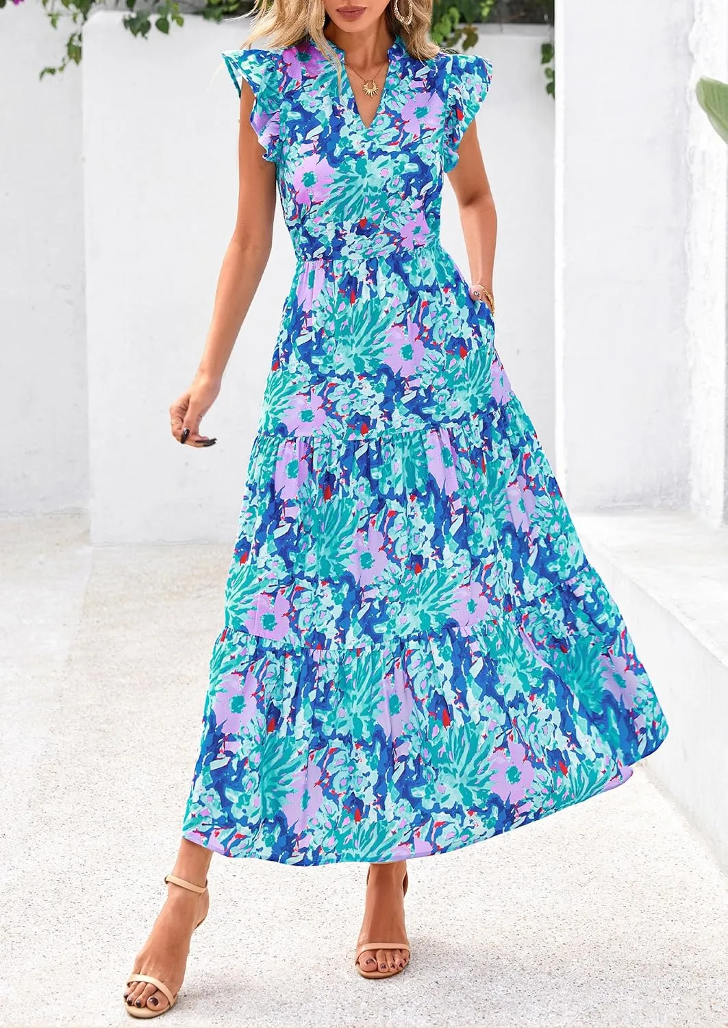 PRETTYGARDEN Women's 2025 Summer Floral Midi Dress Cap Sleeve V Neck Ruffle Long Flowy Boho Casual Beach Vacation Dresses