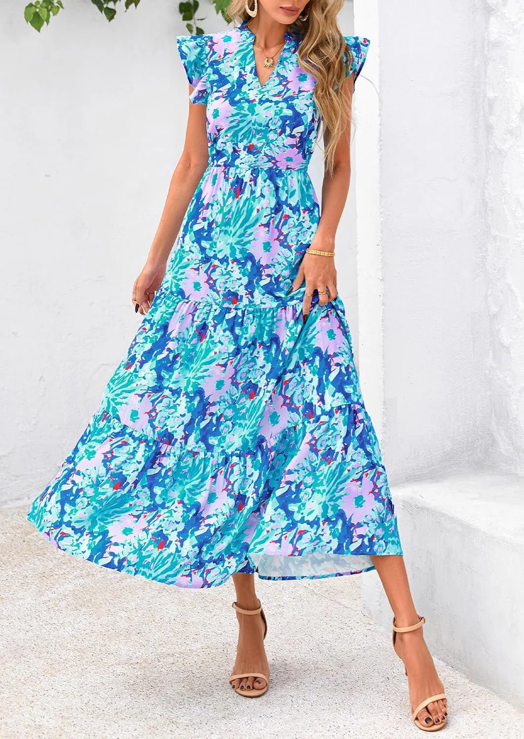 PRETTYGARDEN Women's 2025 Summer Floral Midi Dress Cap Sleeve V Neck Ruffle Long Flowy Boho Casual Beach Vacation Dresses