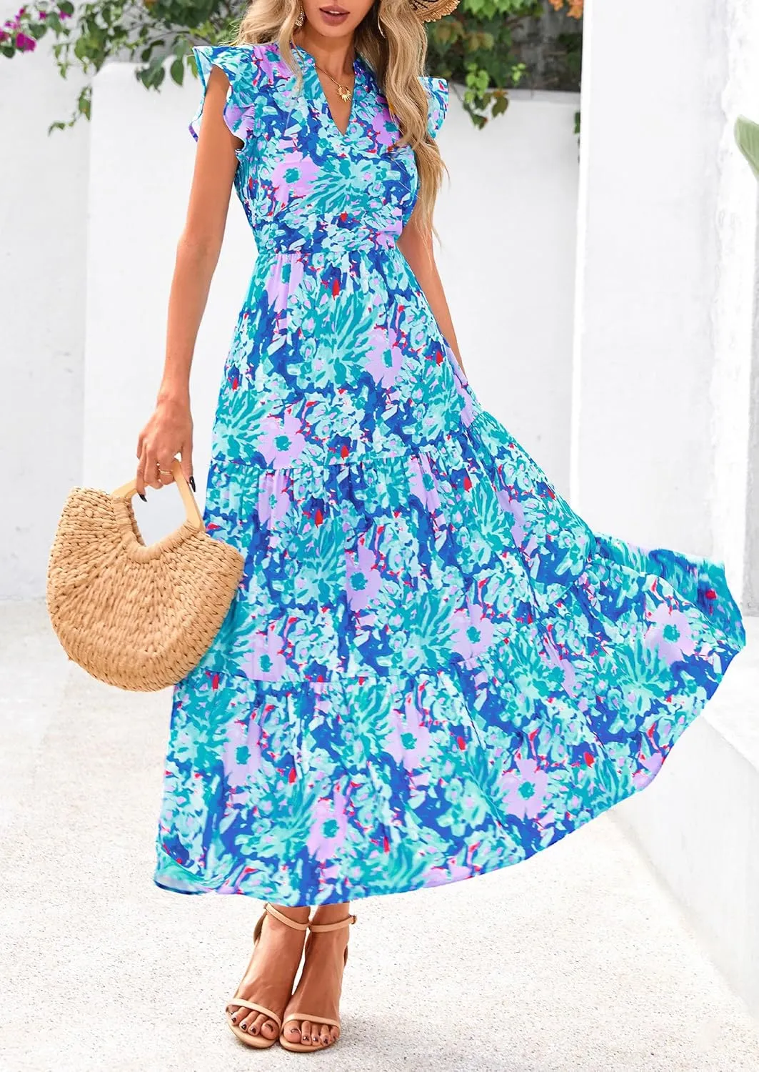 PRETTYGARDEN Women's 2025 Summer Floral Midi Dress Cap Sleeve V Neck Ruffle Long Flowy Boho Casual Beach Vacation Dresses