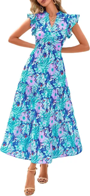 PRETTYGARDEN Women's 2025 Summer Floral Midi Dress Cap Sleeve V Neck Ruffle Long Flowy Boho Casual Beach Vacation Dresses