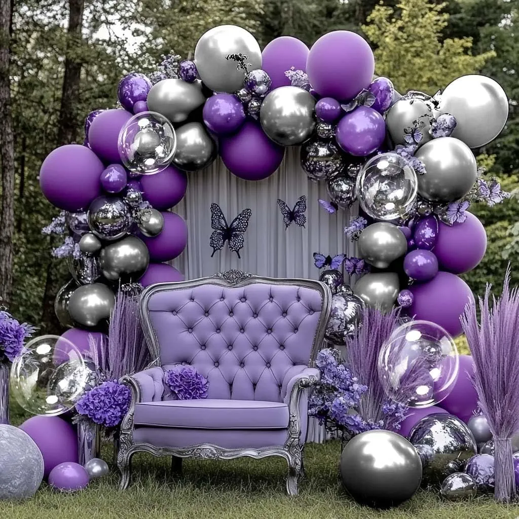 Purple Silver Balloon Garland Arch Kit - Pearl Royal Purple Balloons for Baby Shower Happy Birthday Graduation Anniversary Prom Wedding Bridal Shower Party Decor