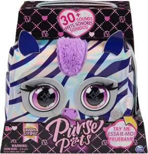 Purse Pets Metallic Magic - Zebra - Interactive Companion - Hand Bag - Interactive Animal - Metallic Style Interactive Animal That Flashes Eyes - Sounds and Play Modes - Children's Toy Age 5 