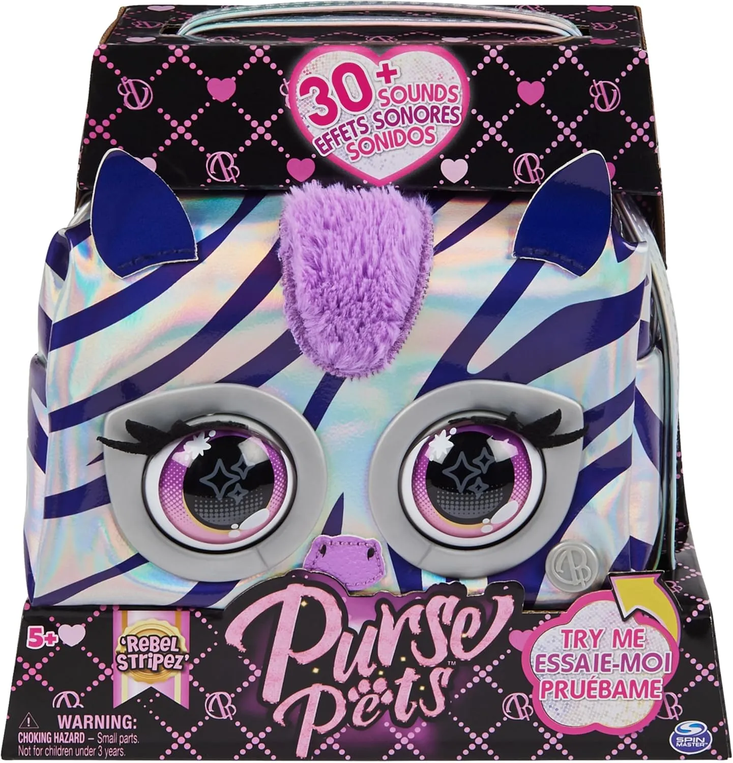 Purse Pets Metallic Magic - Zebra - Interactive Companion - Hand Bag - Interactive Animal - Metallic Style Interactive Animal That Flashes Eyes - Sounds and Play Modes - Children's Toy Age 5 
