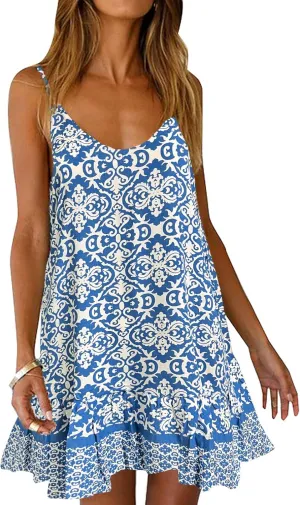 Qearal Womens Boho Floral Printed Dress Summer Sleeveless Adjustable Strap Beach Mini Dress with Pockets
