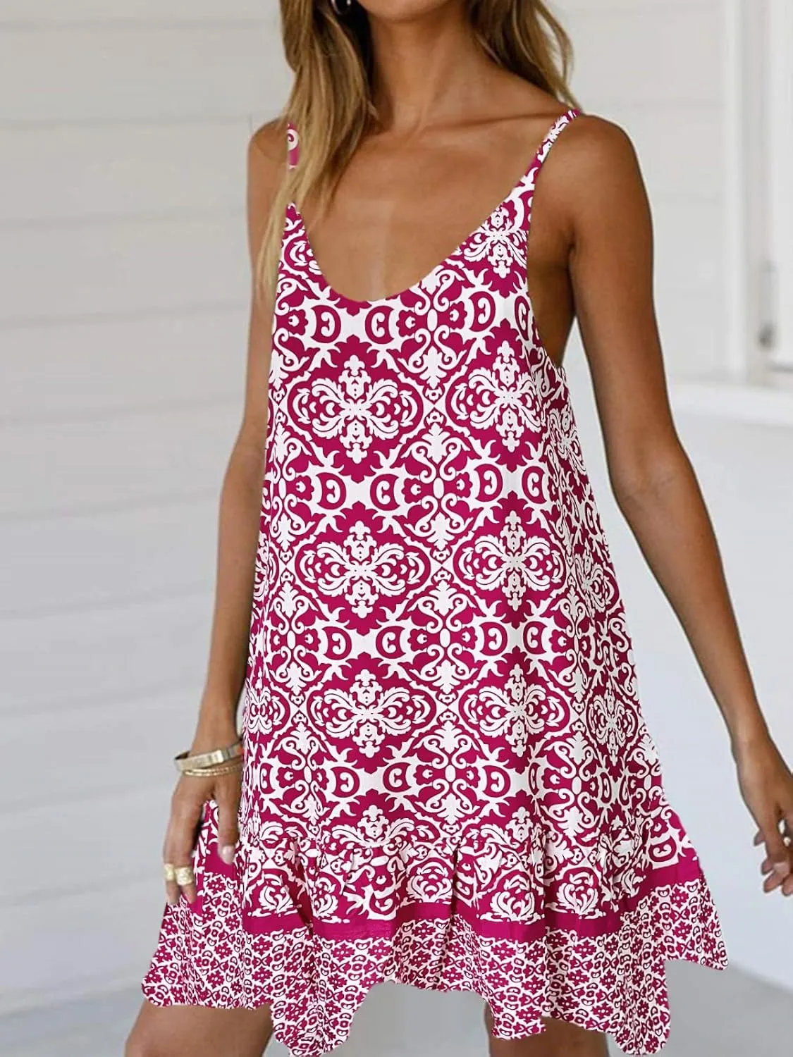 Qearal Womens Boho Floral Printed Dress Summer Sleeveless Adjustable Strap Beach Mini Dress with Pockets