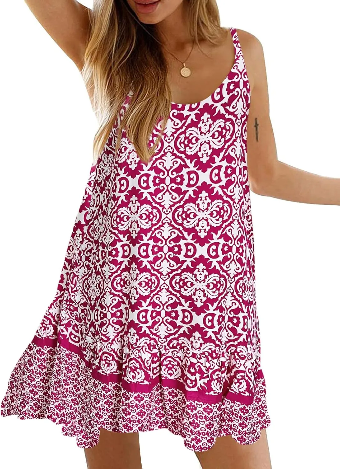 Qearal Womens Boho Floral Printed Dress Summer Sleeveless Adjustable Strap Beach Mini Dress with Pockets