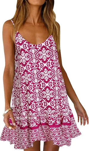 Qearal Womens Boho Floral Printed Dress Summer Sleeveless Adjustable Strap Beach Mini Dress with Pockets