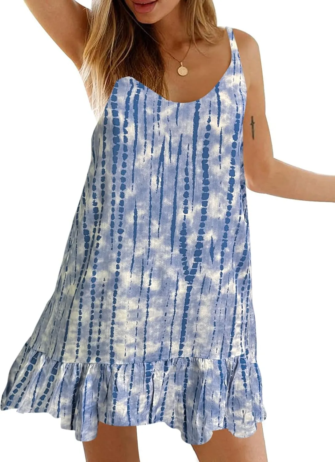 Qearal Womens Boho Floral Printed Dress Summer Sleeveless Adjustable Strap Beach Mini Dress with Pockets
