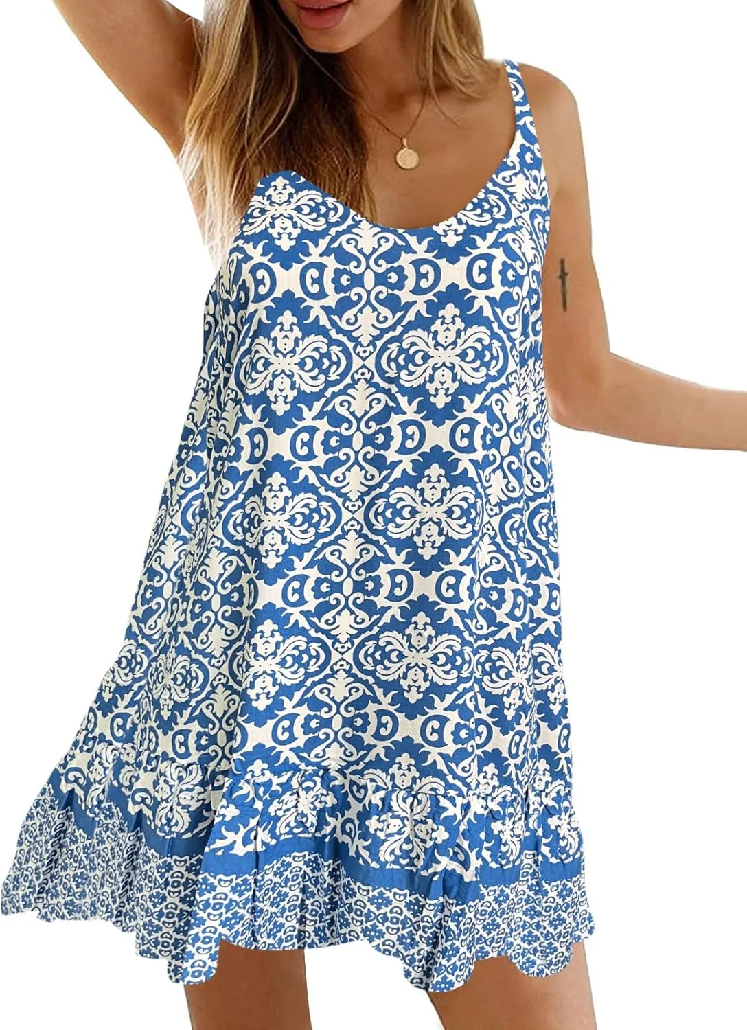 Qearal Womens Boho Floral Printed Dress Summer Sleeveless Adjustable Strap Beach Mini Dress with Pockets