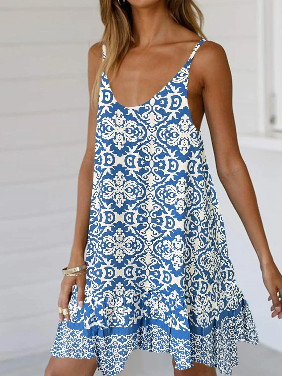 Qearal Womens Boho Floral Printed Dress Summer Sleeveless Adjustable Strap Beach Mini Dress with Pockets