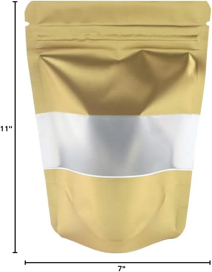 QQ Studio 100 Matte Metallic Color with Frosted Window Display Stand-Up Resealable QuickQlick Bags (7.1" x 10.2", Matte Gold)