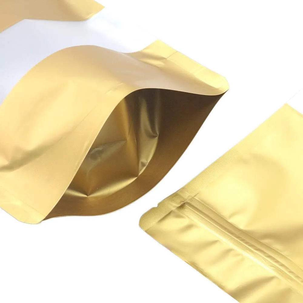 QQ Studio 100 Matte Metallic Color with Frosted Window Display Stand-Up Resealable QuickQlick Bags (7.1" x 10.2", Matte Gold)