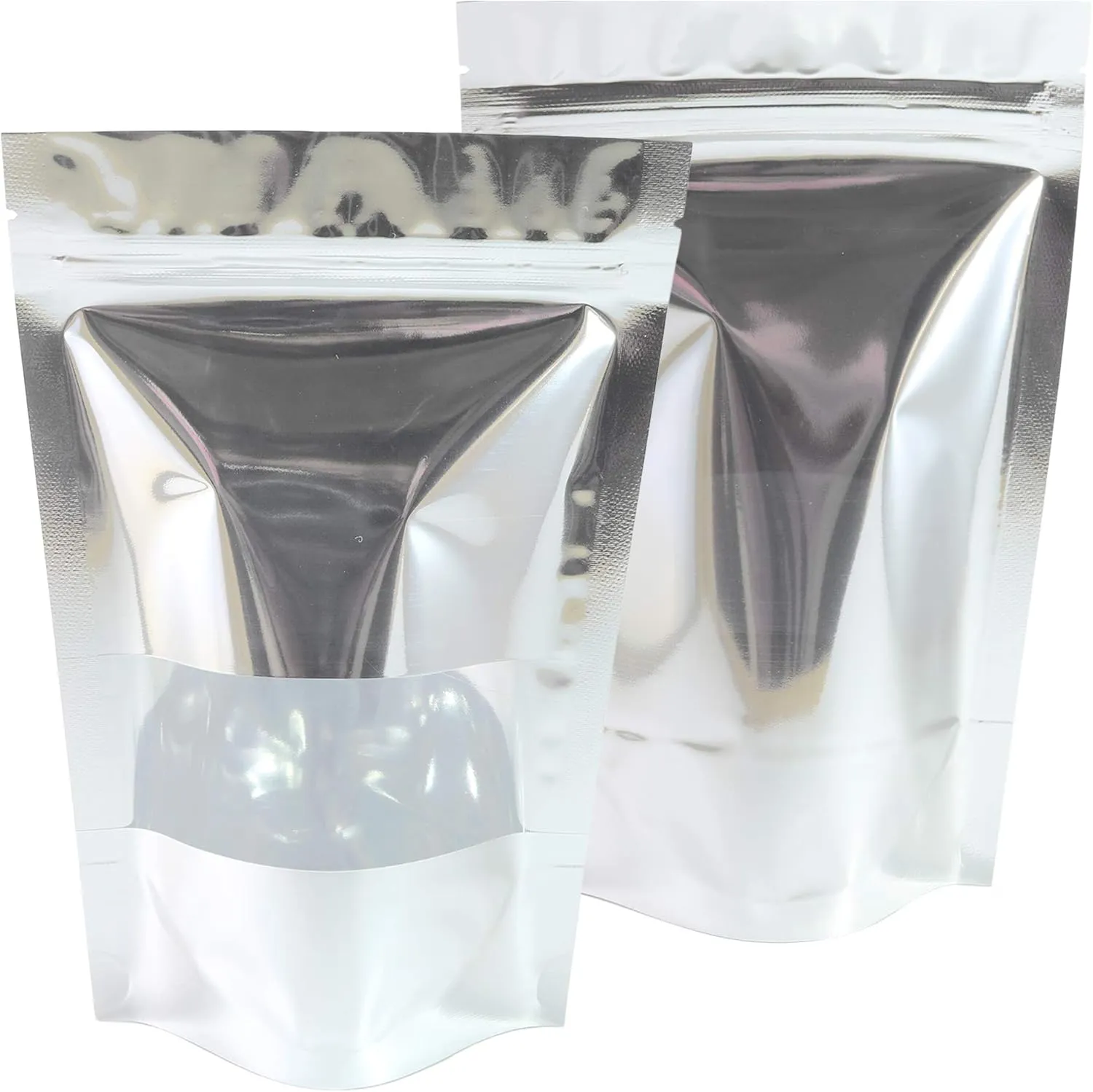 QQ Studio 100 Shiny Colored Aluminum Mylar Foil Clear Window Reclosable QuickQlick™ Stand-Up Bags (4.25" x 6.25", Silver)
