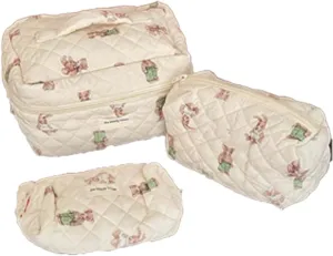 Quilted Makeup Bag Set - 3 PCS Cute Bear Cotton Makeup Bag,For Girls Women Travel Organizer Bathroom Toiletry Pouch Large Capacity Storage Bag（Brown）