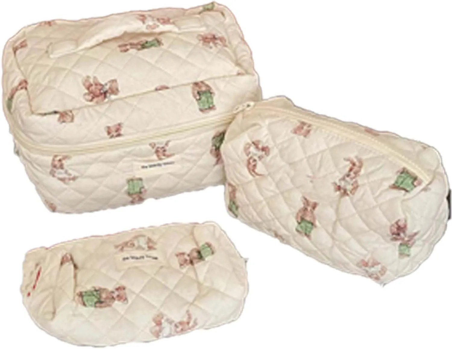 Quilted Makeup Bag Set - 3 PCS Cute Bear Cotton Makeup Bag,For Girls Women Travel Organizer Bathroom Toiletry Pouch Large Capacity Storage Bag（Brown）